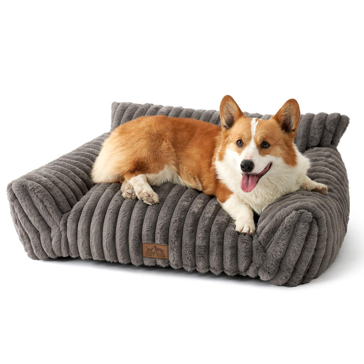 COZY KISS Cute Cat Couch, Fluffy Sofa Bed for Cats and Small Dogs, Premium Faux Rabbit Fur Cats beds for Indoor Cat, Ultra-Soft Supportive Pet Couch Furniture (Grey, S: 25.5''x17.5'')