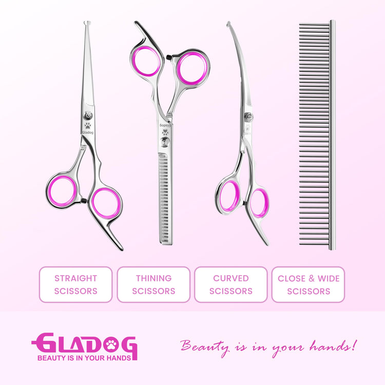 GLADOG Professional 5 in 1 Dog Grooming Scissors Set with Safety Round Tips, Sharp and Heavy-duty Pet Grooming Shears for Cats