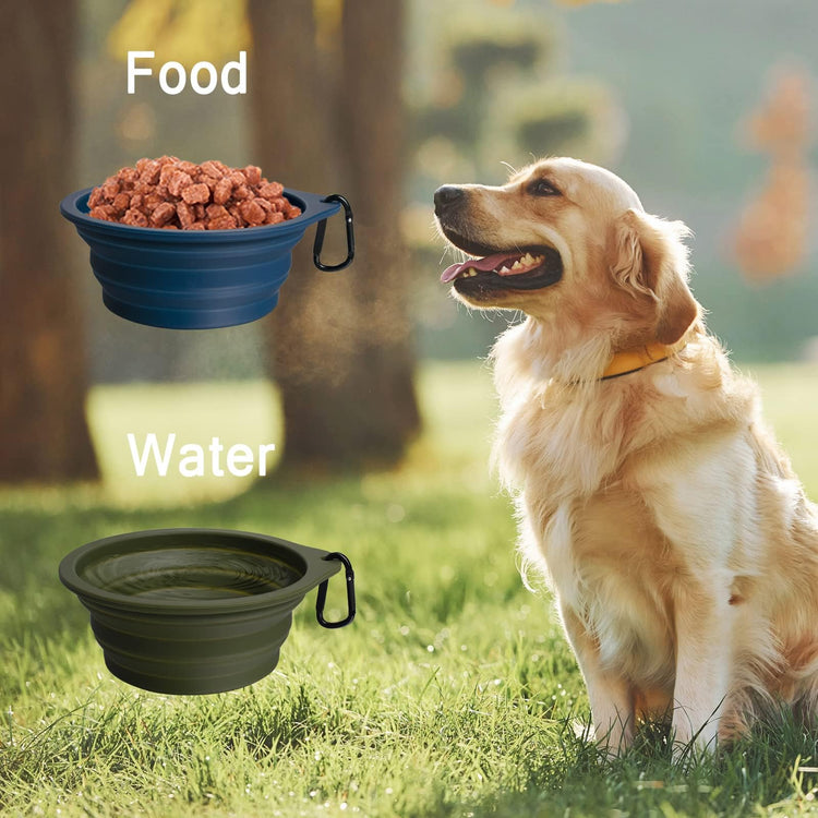 PetBonus 2-Pack Silicone Collapsible Dog Bowls, BPA Free Dishwasher Safe, Portable Foldable Expandable Travel Bowl, Food Water Feeding Cup Dish for Dogs Cats with 2 Carabiners (Turquoise, Tan)