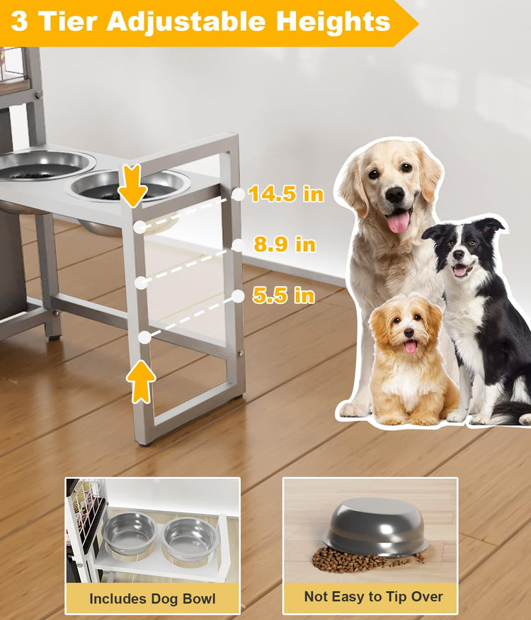 30.6Long x 26.2 High Elevated Dog Bowl Stand with Pet Food Storage Organizer, Adjustable Raised Feeding Station with Toy Basket for Large Medium Small Dogs and Cats, Black