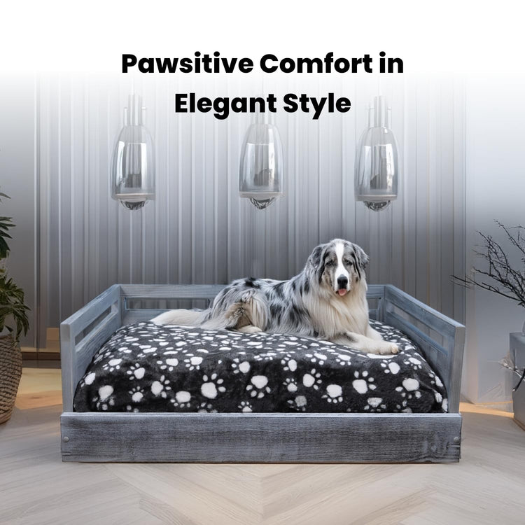 Iconic Pet Sassy Paws Wooden Pet Bed with Paw Printed Comfy Cushion for Dogs & Cats in Varying Sizes & Colors, Small-Rustic Brown