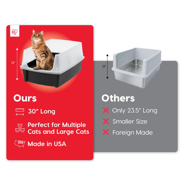 IRIS USA Cat Litter Box XX-Large Open Top with High Sided Walls Tall Scatter Shield Scoop Included Easy Clean Plastic Pan for Big Cats Kittens Multi-Cat Households 30"L x 20"W x 14"H Navy