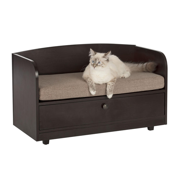 Paws & Purrs Cat Sofa Bed with Storage Drawer, Espresso Finish, 31.5″ x 15.75″ x 19.25″ | 3″ Foam Cushion with Washable Cover | Fits Dogs and Pets up to 50 lb