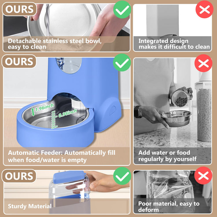 Automatic Cat Feeder and Water Dispenser with Stainless Steel Bowl Dog Gravity Food Feeder and Waterer for Small Medium Pets Puppy Kitten 1 Gallon x 2