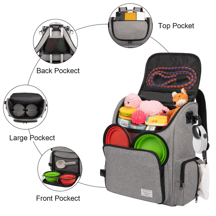 Modoker Dog Travel Bag Backpack, Airline Approved Pet Accessories Organizer for Dog and Cat with Shoulder Strap, 2 Dog Food Storage Containers, 2 Collapsible Dog Bowls,1 Pet Mat, Grey