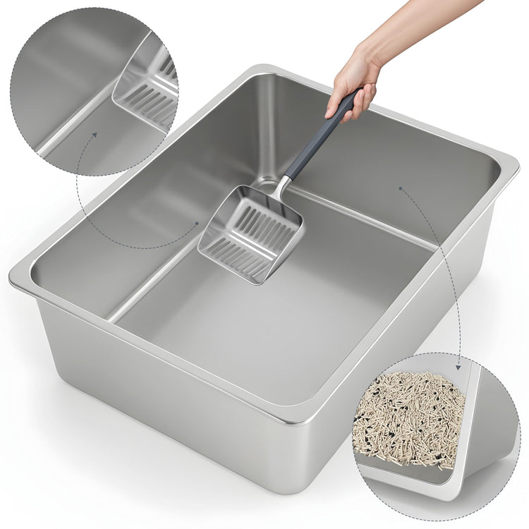 Kirecoo Stainless Steel Cat Litter Box - Metal High Sided Cat Pan, Large Stainless Steel Box, Indoor Litter Tray, Non Stick, No Smell, Easy to Clean, Pet Toilet Supplies for Kitten, Kitty, Rabbit