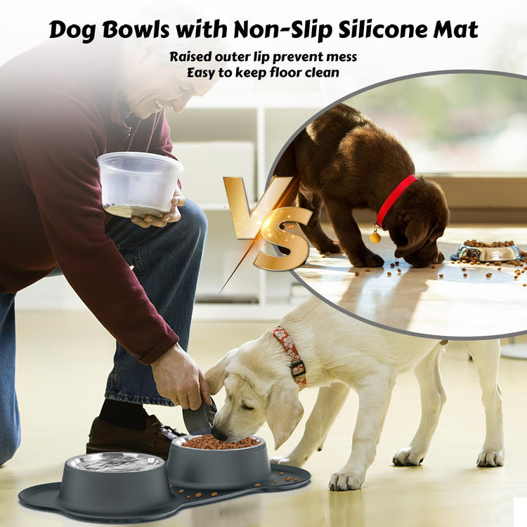 AsFrost Dog Food Bowls Stainless Steel Pet Bowls & Dog Water Bowls with No-Spill and Non-Skid, Feeder Bowls with Dog Bowl Mat for Dogs Cats and Pets-Pink, 24 0z in Total