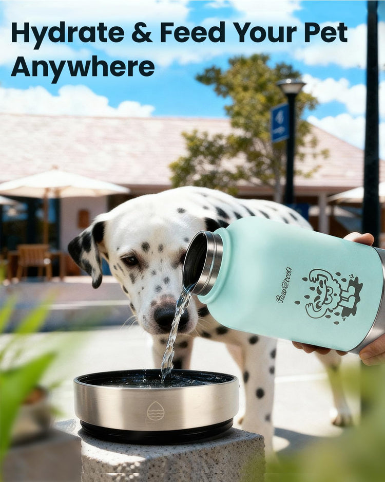 34oz Dog Water Bottle, Stainless Steel Dog Water Bottle Dispenser with Detachable Food & Water Bowls, Keeps Water Hot/Cold, for Walking, Hiking, Camping(Cream)
