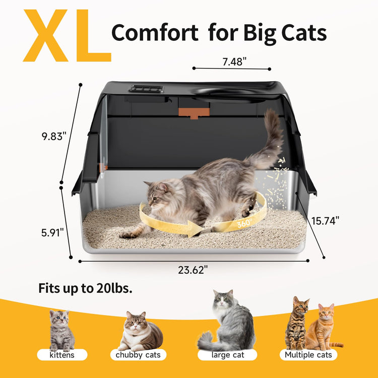 Extra Large Stainless Steel Litter Box with Lid, High Sided Enclosed Metal Cat Litter Pan, Dog Proof Front Entry Top Exit, Odor Control Easy Clean Leak Proof, Includes Scoop & Step, Black