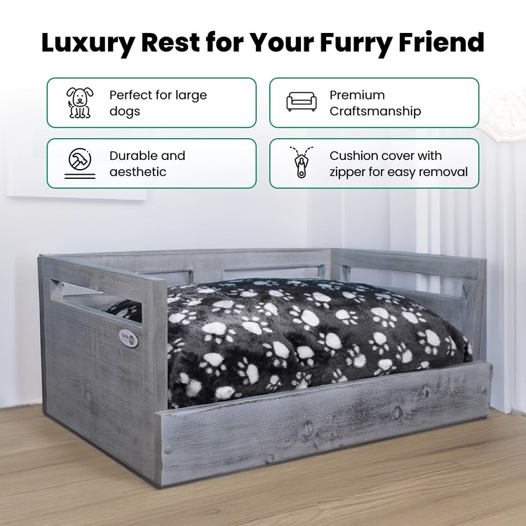 Iconic Pet Sassy Paws Wooden Pet Bed with Paw Printed Comfy Cushion for Dogs & Cats in Varying Sizes & Colors, Small-Rustic Brown