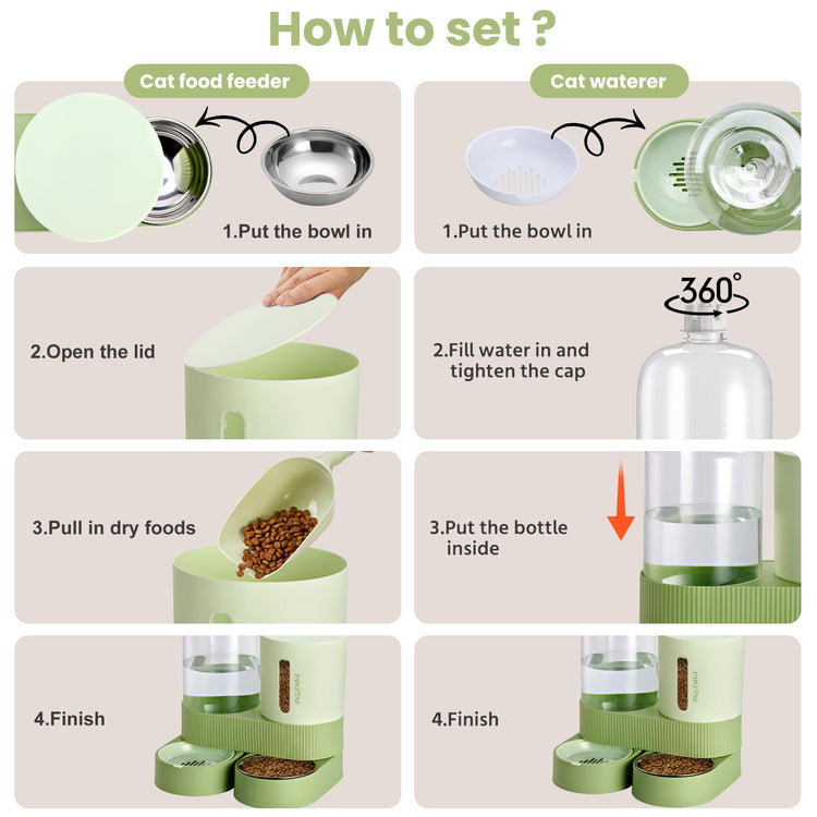2 Pack Automatic Cat Feeder Stainless Steel Water Dispenser Gravity Food Feeder and Waterer Set with Pet Food Bowl for Small Medium Kitten Puppy Pets Large Capacity(Grey)