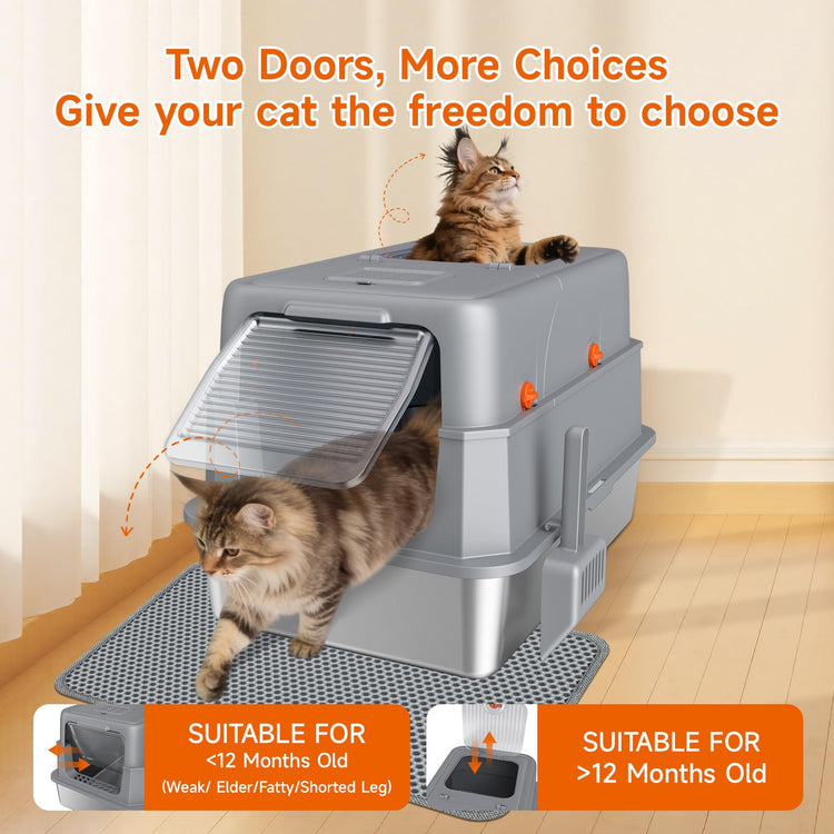 Stainless Steel Litter Box with Lid, High Sided Enclosed Metal Litter Box for Big Cats, Easy Cleaning Anti-Urine Leakage, Non-Sticky Cat Box, Front Entry Top Exit KittyBox, Includes Mat & Scoop
