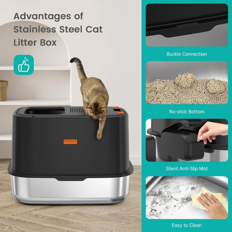 WoofiGo Enclosed Stainless Steel Cat Litter Box with Lid, XL Extra Large Litter Box for Big Cats, Metal Litter Pan High Sided, Never Absorbs Odors, Anti-Urine Leakage, Easy Cleaning, Include Scoop