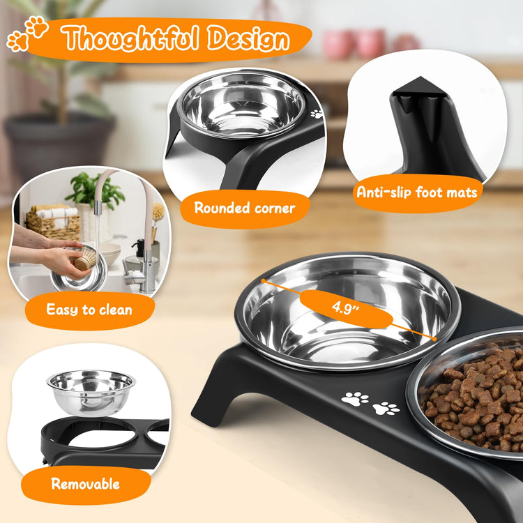 COMESOON Elevated Dog Bowls, 4 Height Adjustable Raised Bowl Stand with 2 Thick 50oz Stainless Steel Food Bowls Non-Slip Feeder Adjusts to 3.7'', 9.2'', 10.75'', 12.36'' Black, (DB-W01)