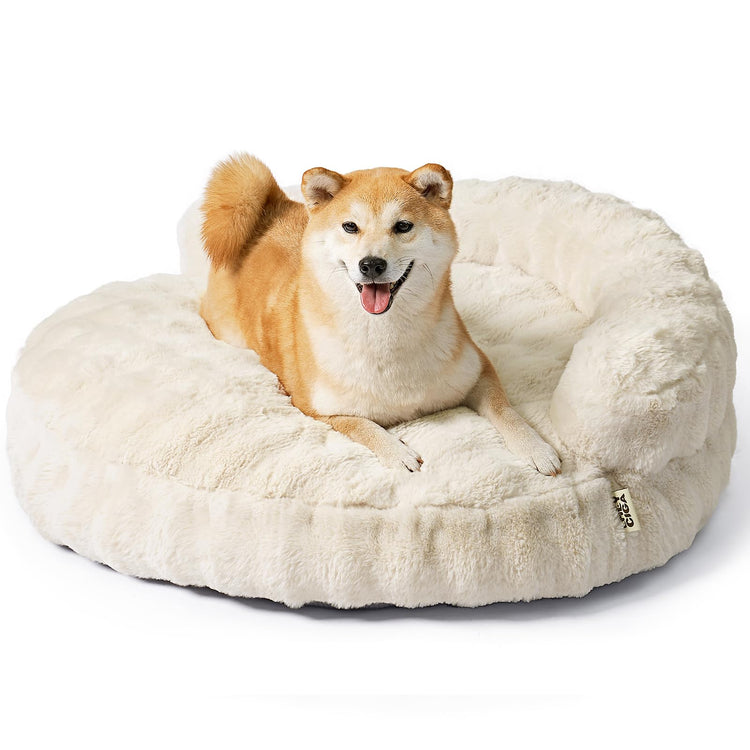 EHEYCIGA Soft Cat Couch Bed for Indoor Cats, Fluffy Small Dog Bed with Removable Washable Cover, Bolster Pet Sofa, Waterproof and Non-Slip, 23" x 23"x 7", Cream