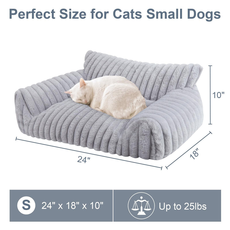 Cute Cat Couch Bed for Indoor Cats, Fluffy Pet Cat Sofa with Premium Soft Corduroy Fleece, Cute Small Dog Beds for Small Dogs, Fuzzy Puppy Chair with Removable Washable Cover (24x18x10,Grey)