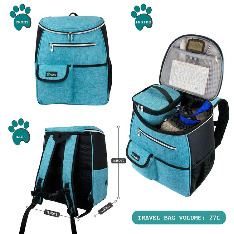 PetAmi Dog Travel Bag Backpack, Airline Approved Dog Bags for Traveling, Puppy Diaper Bag Supplies, Pet Camping Essentials Hiking Accessories Dog Mom Gift, Food Container, Collapsible Bowls, Gray