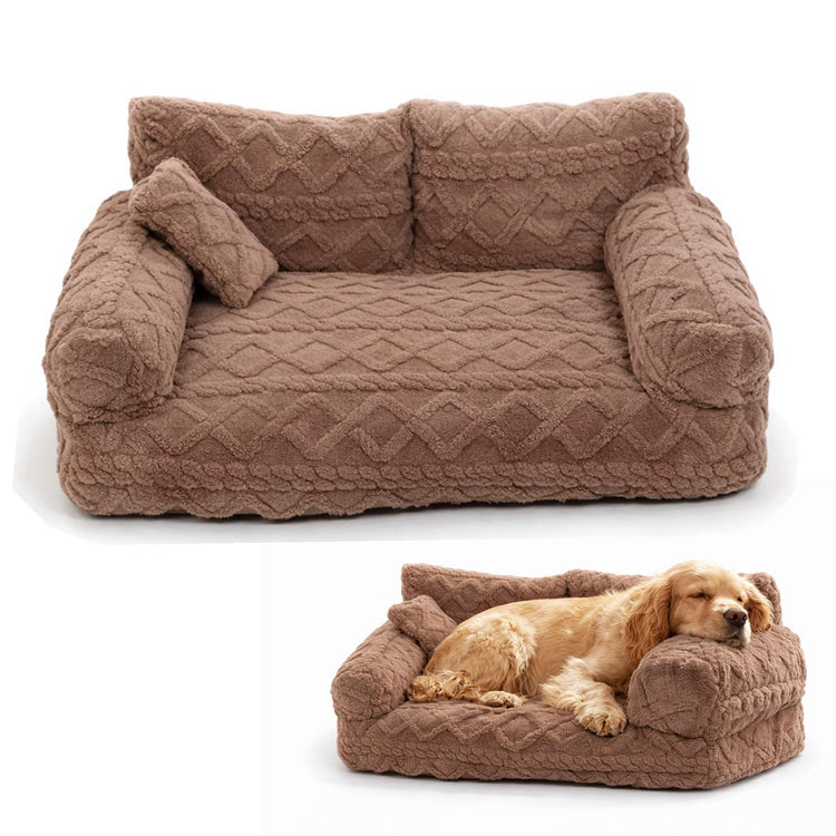 Plush Calming Pet Sofa Bed, 6 Sizes Large Fluffy Dog Cat Couch Beds Plush for Indoor, Raised Rim, Removable Cover & Non-Slip Bottom for Cats and Dogs of Any Size (Dark Grey, Small)