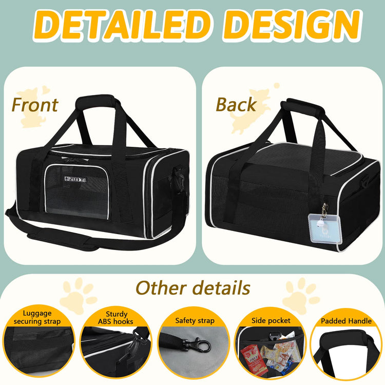Petskd Pet Carrier 17x11x9.5 Alaska Airline Approved,Pet Travel Carrier Bag for Small Cats and Dogs, Soft Dog Carrier for 1-10 LBS Pets,Dog Cat Carrier with Safety Lock Zipper(Black)