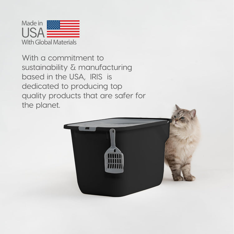 IRIS USA Cat Litter Box Large Open Top with High Sided Walls Tall Scatter Shield Scoop Included Easy Clean Plastic Pan Stain Resistant for Big Cats Kittens Indoor Multi-Cat Households