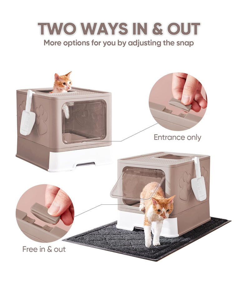 Medario Cat Litter Box with Litter Mat and Scoop, Large Covered Litter Box with Lid, Enclosed Kitty Box, Front Entry Top Exit, Odor Control, Easy to Clean (Grey)
