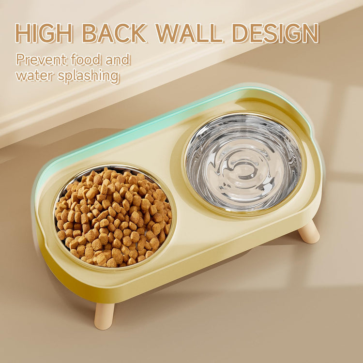 Elevated Cat Bowl, Raised Cat Food and Water Bowl Set for Indoor Cats, Splash Proof with 2 Stainless Steel Pet Food Bowls for Cats and Puppies, Whisker Fatigue and Dishwasher Safe - White