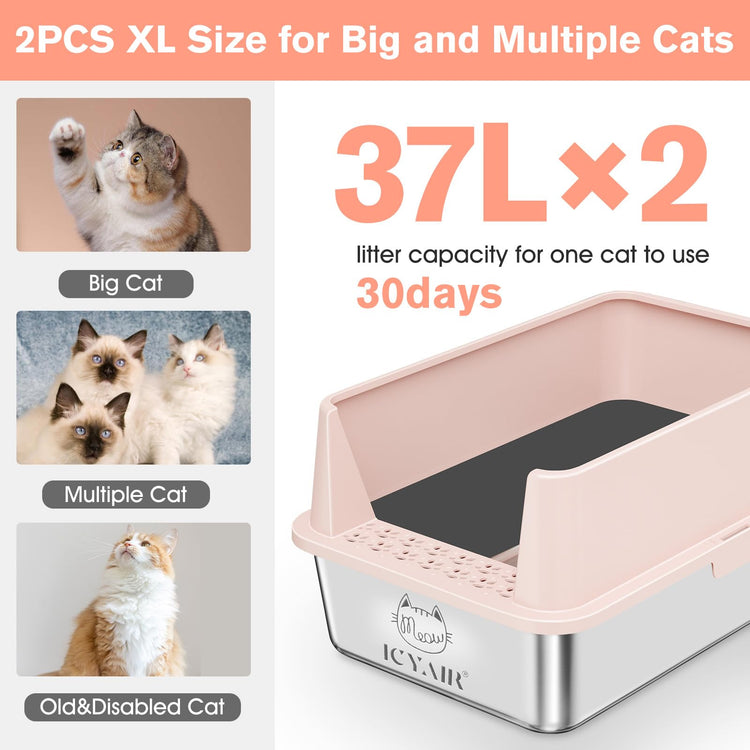 2PACK Stainless Steel Cat Litter Box with High Sides Lid, Extra Large XL Litter Box for Big Cats, Metal Kitty Litter Boxes with Anti-Leakage Enclosure,Non-Stick,Odorless,Scoop Included