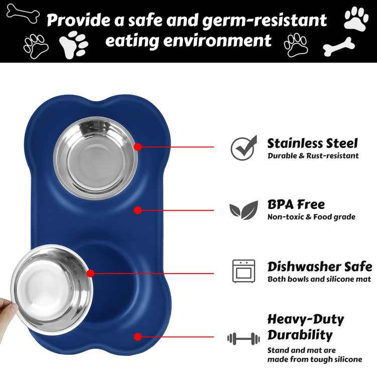 AsFrost Dog Food Bowls Stainless Steel Pet Bowls & Dog Water Bowls with No-Spill and Non-Skid, Feeder Bowls with Dog Bowl Mat for Dogs Cats and Pets-Pink, 24 0z in Total