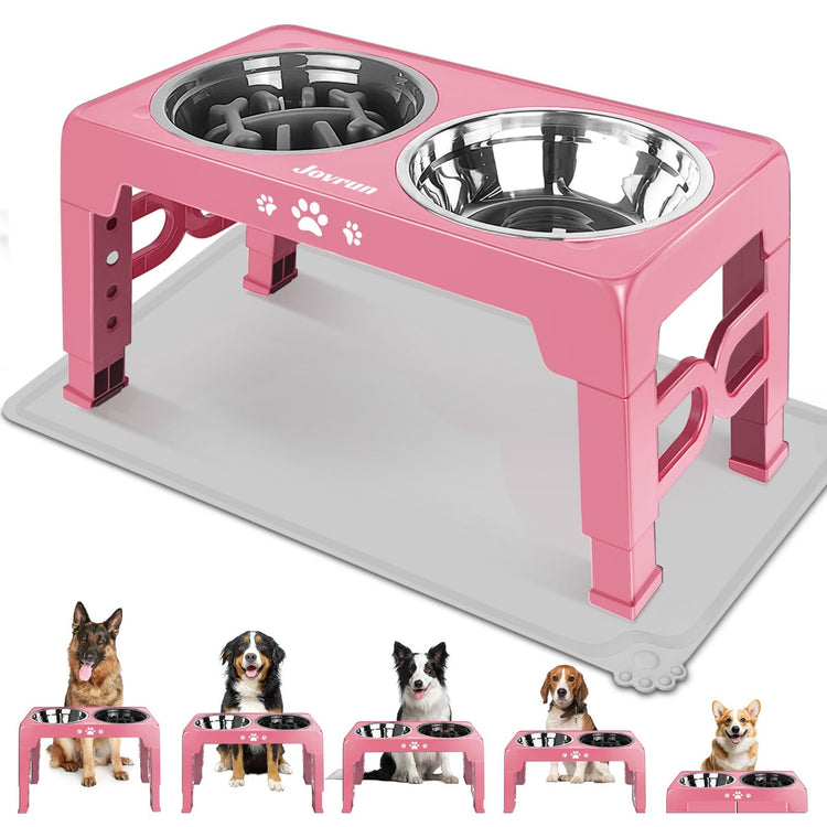 Jovrun Elevated Dog Bowls for Medium Large Size Dogs, Non-Slip Dog Feeder with 1*Stainless Steel Dishes & 1*Slow Feeder Bowl, 5 Heights Adjustable Raised Bowls to 3.15″-8.66″-9.84″-11.02″-12.2″