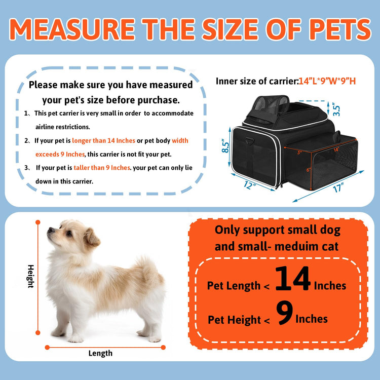Petskd Top and Side Expandable Pet Carrier 18x11x11 Inches Delta United Airline Approved, Soft-Sided Carrier for Small Cats and Dogs with Locking Safety Zippers and Anti-Scratch Mesh(Black)