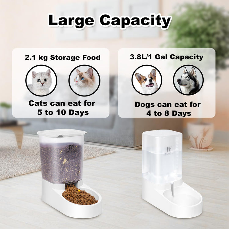 Marchul Dog Feeder and Water Dispenser, Automatic Gravity Dog Food Dispenser, Pet Food Dispenser Set for Small Medium Dogs Puppy Kitten (1 Gallon / 3.8L with Silicone Mat)