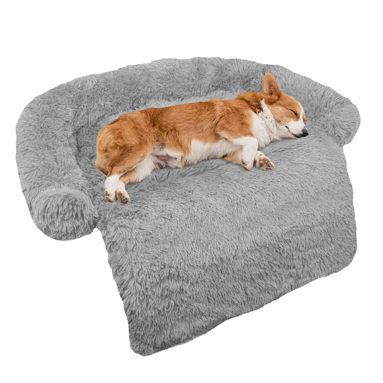 Calming Dog Bed Fluffy Plush Dog Mat for Furniture Protector with Removable Washable Cover for Large Medium Small Dogs and Cats (Small(35x31x5), Light Grey)