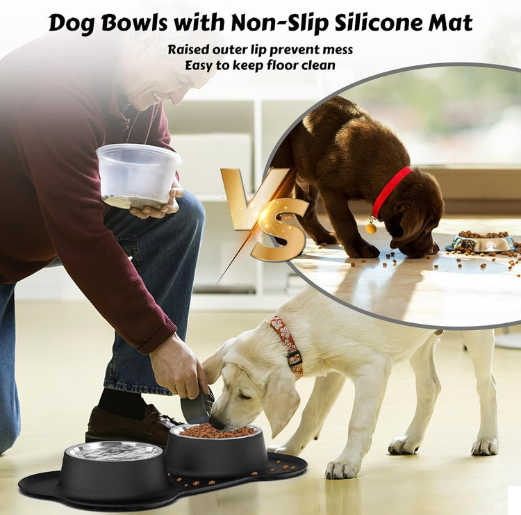AsFrost Dog Food Bowls Stainless Steel Pet Bowls & Dog Water Bowls with No-Spill and Non-Skid, Feeder Bowls with Dog Bowl Mat for Dogs Cats and Pets-Pink, 24 0z in Total