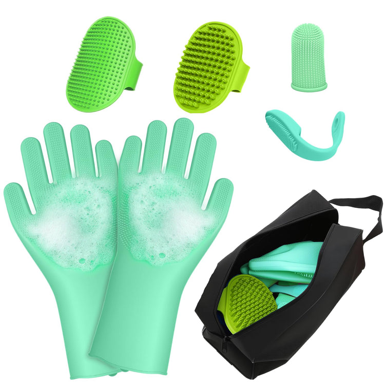 7PCS Pet Grooming Kit for Dogs and Cats，with Storage Bag & Includes Dog Washing Gloveswith High-Density Teeth, Adjustable Handle Dog Shampoo Brush, Dog Finger Toothbrush (Gray)