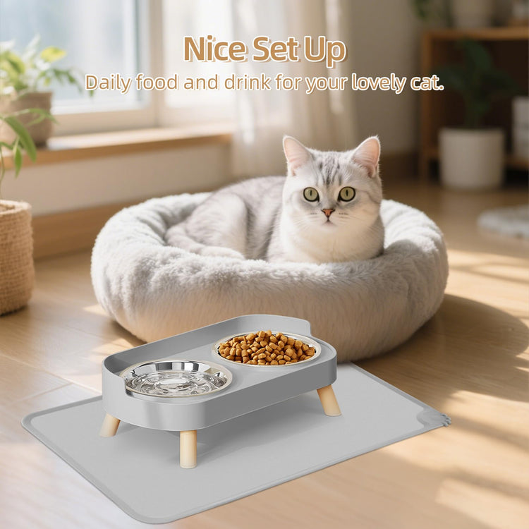 Elevated Cat Bowl, Raised Cat Food and Water Bowl Set for Indoor Cats, Splash Proof with 2 Stainless Steel Pet Food Bowls for Cats and Puppies, Whisker Fatigue and Dishwasher Safe - White