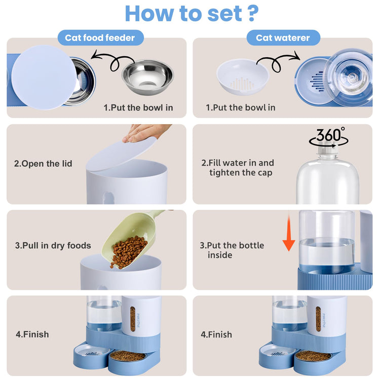 2 Pack Automatic Cat Feeder Stainless Steel Water Dispenser Gravity Food Feeder and Waterer Set with Pet Food Bowl for Small Medium Kitten Puppy Pets Large Capacity(Grey)