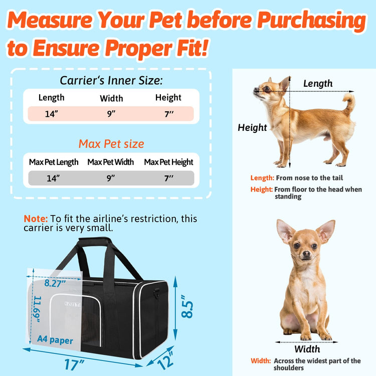 Petskd Pet Carrier 17x11x9.5 Alaska Airline Approved,Pet Travel Carrier Bag for Small Cats and Dogs, Soft Dog Carrier for 1-10 LBS Pets,Dog Cat Carrier with Safety Lock Zipper(Black)