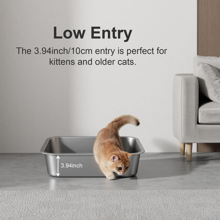 Stainless Steel Litter Box with High Sided, Metal Cat Litter Box, Odor-Free, Non-Stick Litterbox Pan, Easy to Clean Pet Supplies Toilet Tray for Indoor Cats, Kittens or Multicat Homes