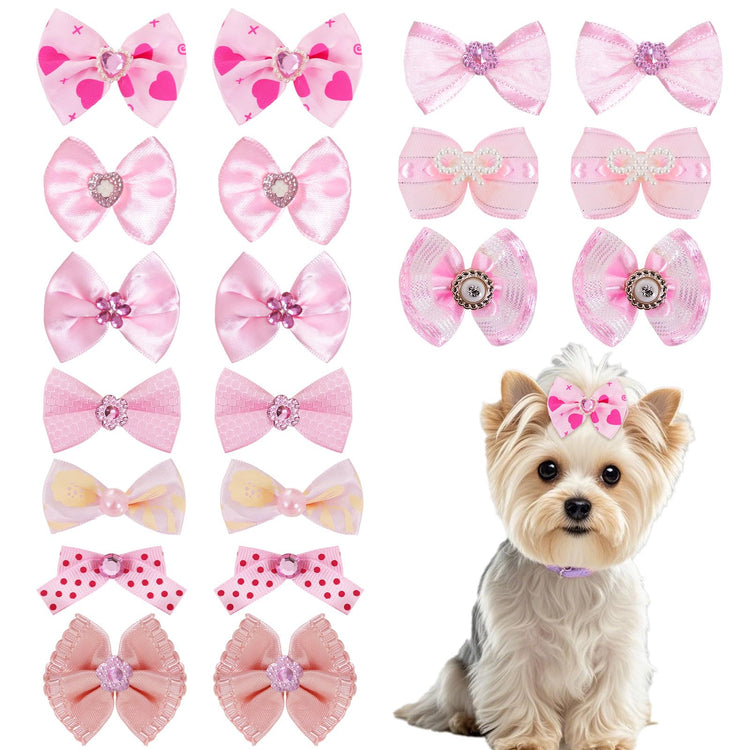 20 PCS Cute Dog Hair Bows with Rubber Bands Elastic Handmade Mix Style Lace Rhinestone Pearls for Furry Puppy Cat Pet Girl, Pink