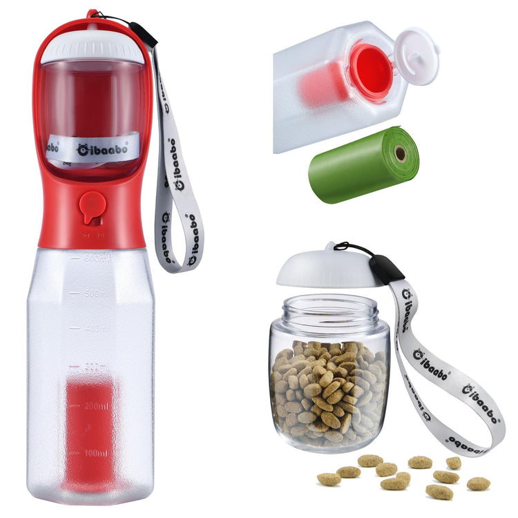 Cibaabo Dog Water Bottle with Food Container & Poop Bag Holder, Travel Water Bowl, Portable Pet Dispenser, Dog Gifts Stuff Accessories Items, Puppy Essentials for Yorkie Chihuahua Walking Hiking