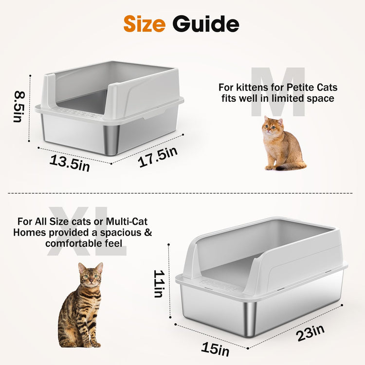2PACK Stainless Steel Litter Box, Extra Large Litter Boxes for Big Cats, XL Metal Cat Litter Box with Lid High Sides, Anti-Urine Leakage, Non-Sticky, Scoop Included