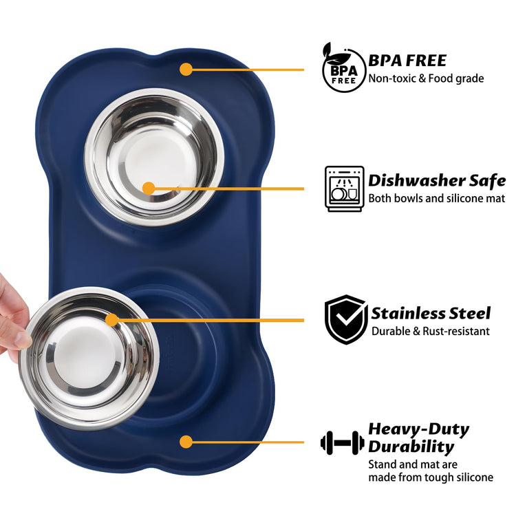 Hubulk Pet Dog Bowls 2 Stainless Steel Dog Bowl with No Spill Non-Skid Silicone Mat + Pet Food Scoop Water and Food Feeder Bowls for Feeding Small Medium Large Dogs Cats Puppies (Small, Blue)