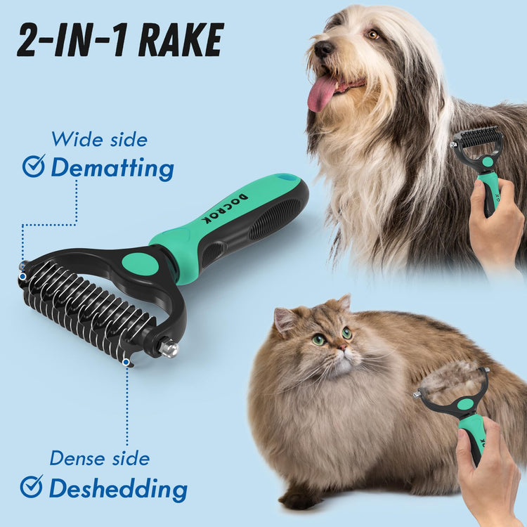 Docrok Pet Grooming Combo - Blue Deshedding Brush with Metal Comb for Detangling and Dematting Long, Matted Fur on Cats and Dogs