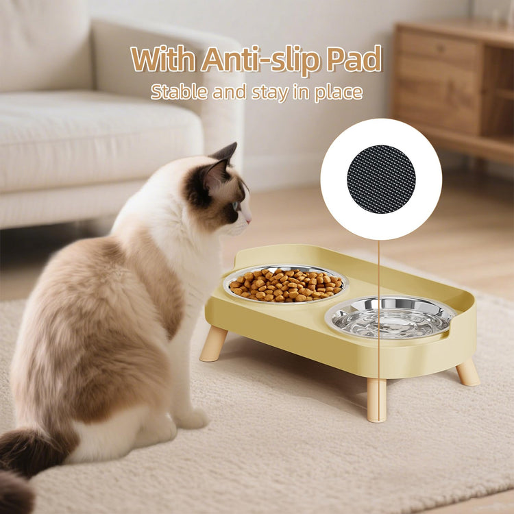 Elevated Cat Bowl, Raised Cat Food and Water Bowl Set for Indoor Cats, Splash Proof with 2 Stainless Steel Pet Food Bowls for Cats and Puppies, Whisker Fatigue and Dishwasher Safe - White