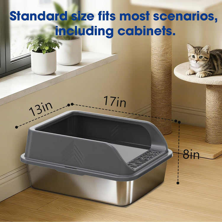 2 Pack XL Stainless Steel Litter Box, Metal Cat Litter Boxes with Lid, High Sided Enclosed Litter Boxes for Big Cat and Multiple Cats, Anti-Urine Leakage | Non-Stick Bottom & Includes Scoop