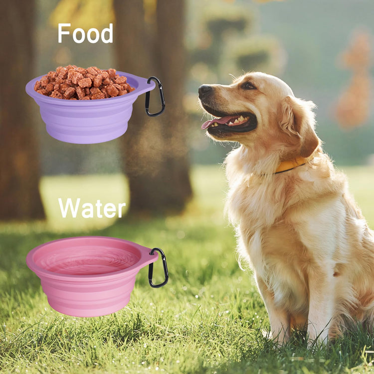 PetBonus 2-Pack Silicone Collapsible Dog Bowls, BPA Free Dishwasher Safe, Portable Foldable Expandable Travel Bowl, Food Water Feeding Cup Dish for Dogs Cats with 2 Carabiners (Turquoise, Tan)