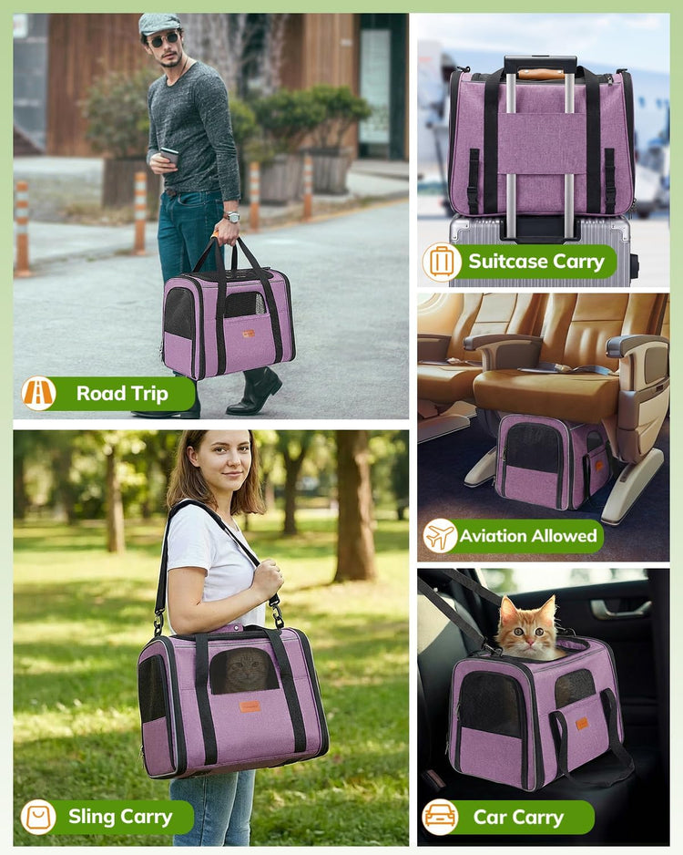Morpilot Pet Carrier for Large Cats, Puppies & Small Dogs Up to 25lbs, Escape-Proof with Locking Zippers, Dual-Sided Cushion, Safety Buckle for Car & Vet Travel, Includes Foldable Bowl (Dark Gray)