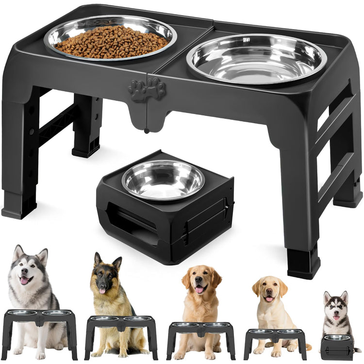 COMESOON Elevated Dog Bowls, 4 Height Adjustable Raised Bowl Stand with 2 Thick 50oz Stainless Steel Food Bowls Non-Slip Feeder Adjusts to 3.7'', 9.2'', 10.75'', 12.36'' Black, (DB-W01)