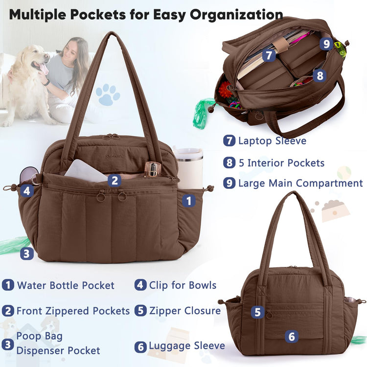 Dog Travel Bag for Supplies, Airline Approved Pet Travel Organizer with 2 Food Containers & Collapsible Bowls, Large Capacity Dogs Tote Bag for Weekend, Stylish Dog Mom Gift for Pet Lovers