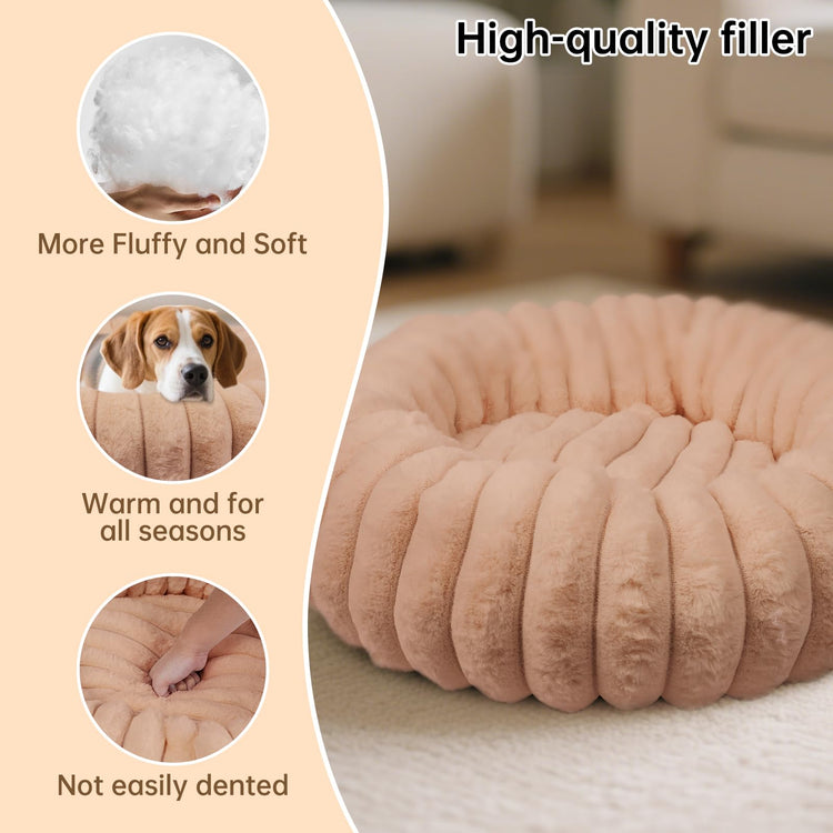 Donut Dog and Cat Bed, Luxurious Comfortable Faux Rabbit Fur Pet Beds, Round Anti-Anxiety Calming Puppy Kitten Bed with Anti-Slip Bottom for Small Medium Dogs & Cats(28", White)